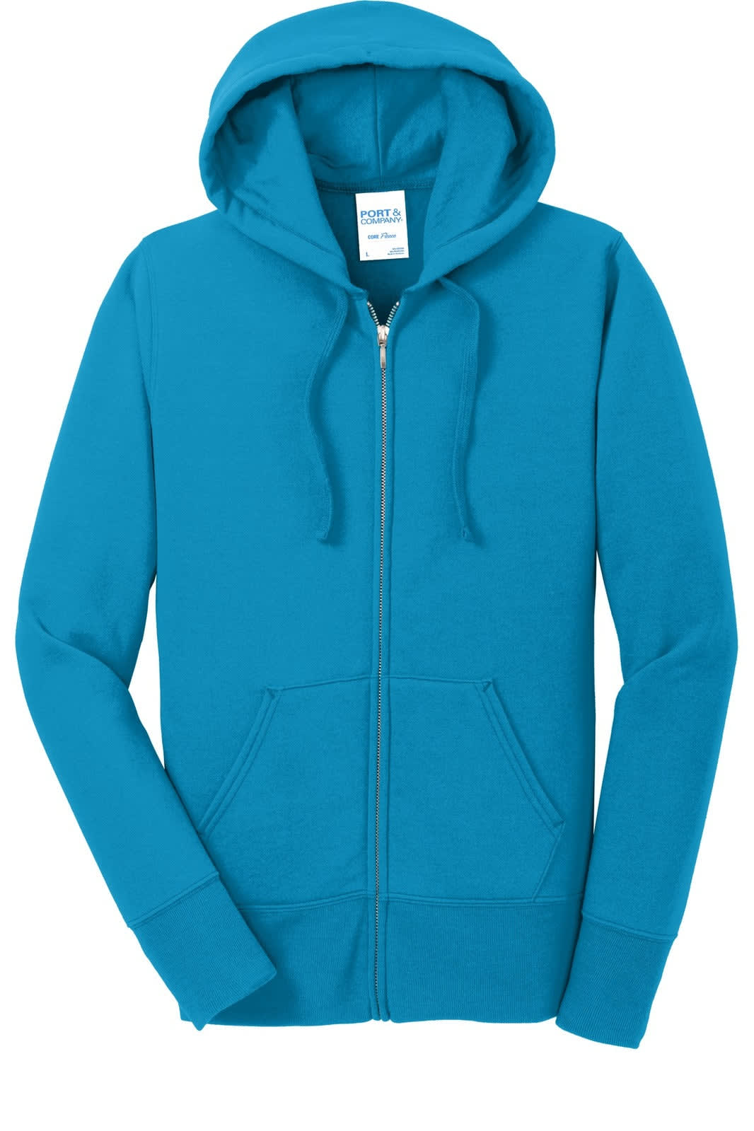 A turquoise ladies' fleece full-zip hooded sweatshirt with a front pocket and a hood. It features a logo.