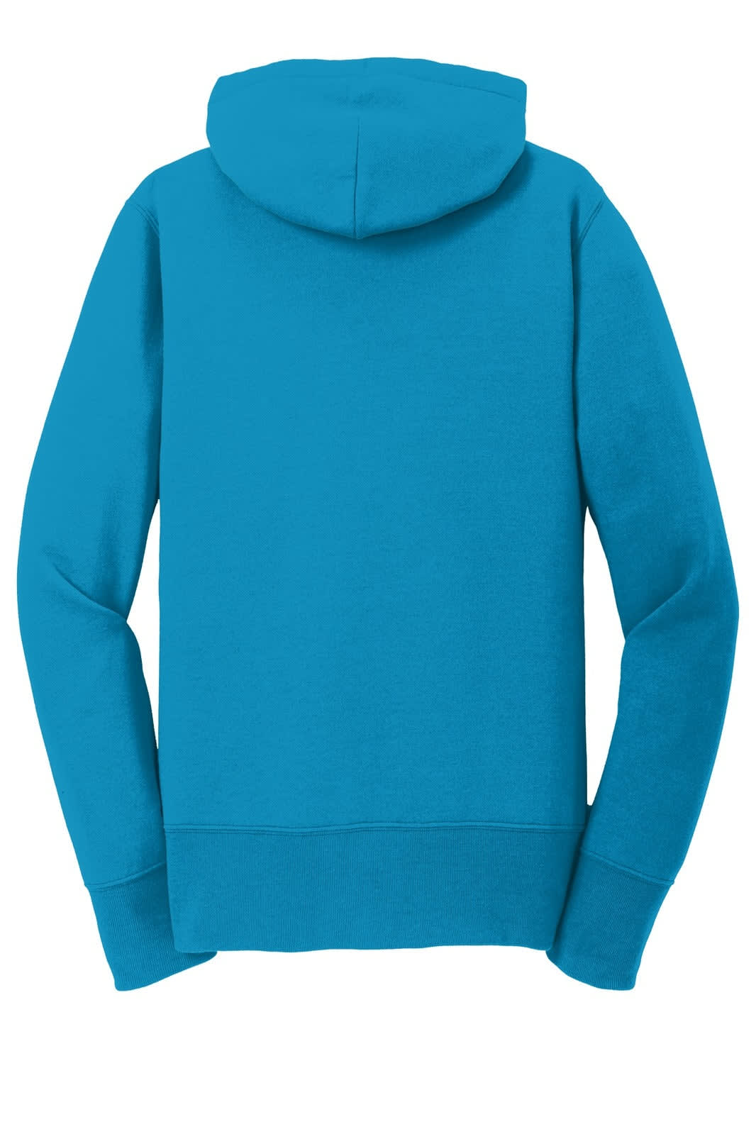 A turquoise full-zip hooded sweatshirt featuring a hood and long sleeves, with a branding logo.