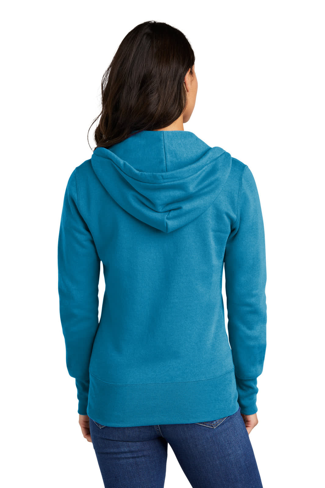 A turquoise hooded sweatshirt with a full zip and soft fleece material, featuring a hood.