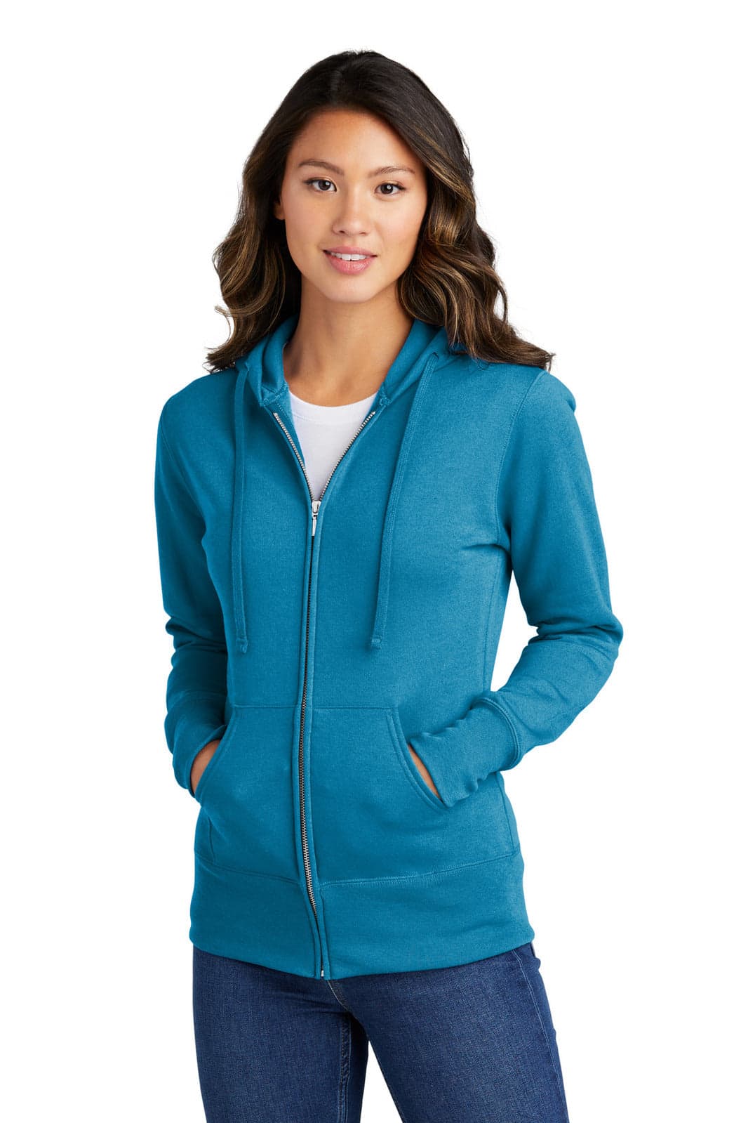 A turquoise full-zip hooded sweatshirt for ladies, featuring a front zipper and two pockets.