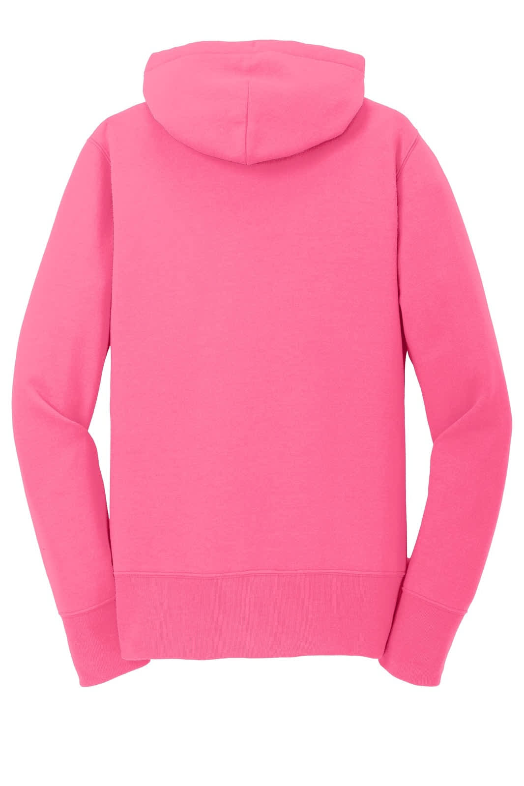 A pink hooded sweatshirt with a full zip and long sleeves, featuring a logo on the back.