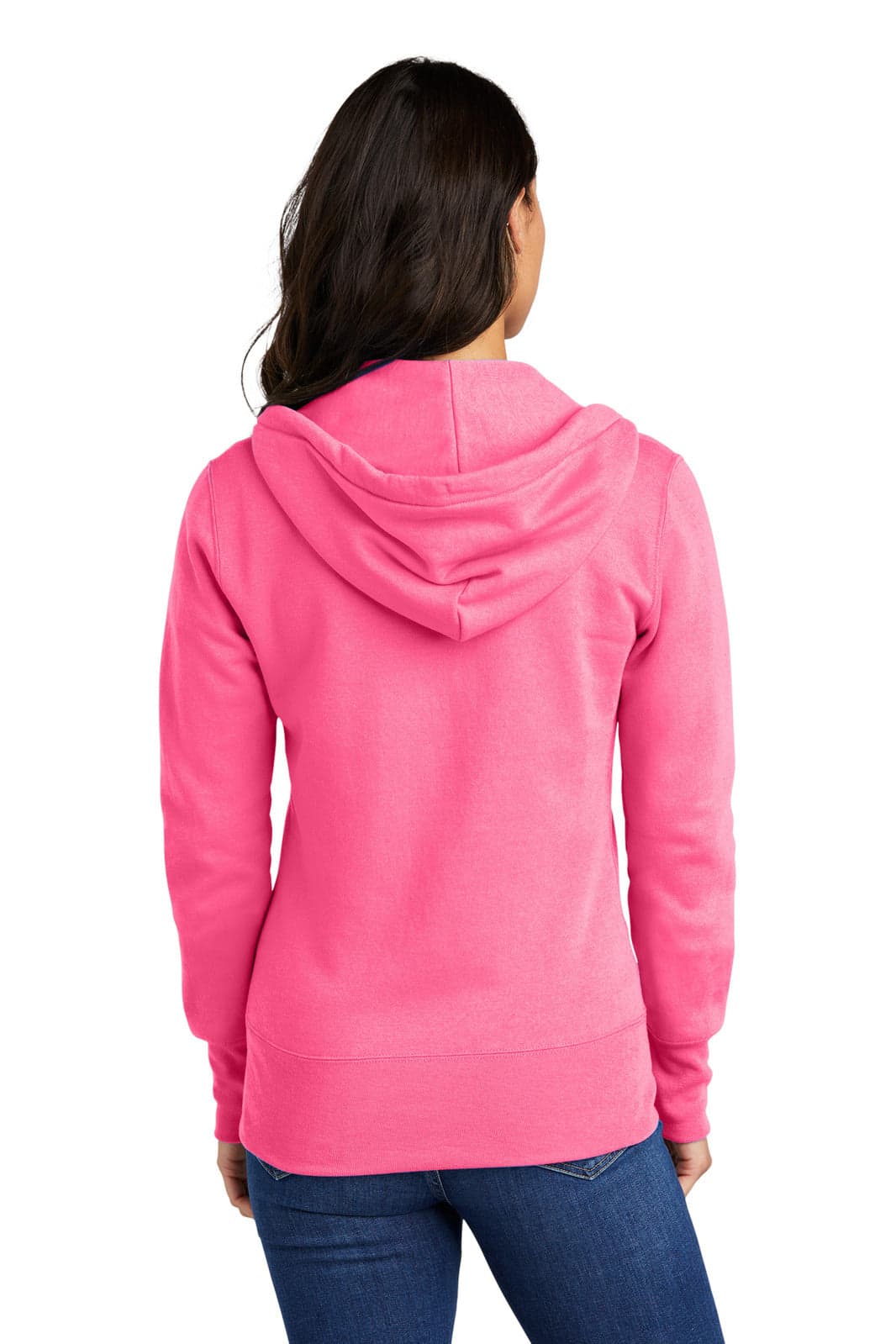 A bright pink ladies' full-zip hooded sweatshirt featuring a hood and a logo on the back.