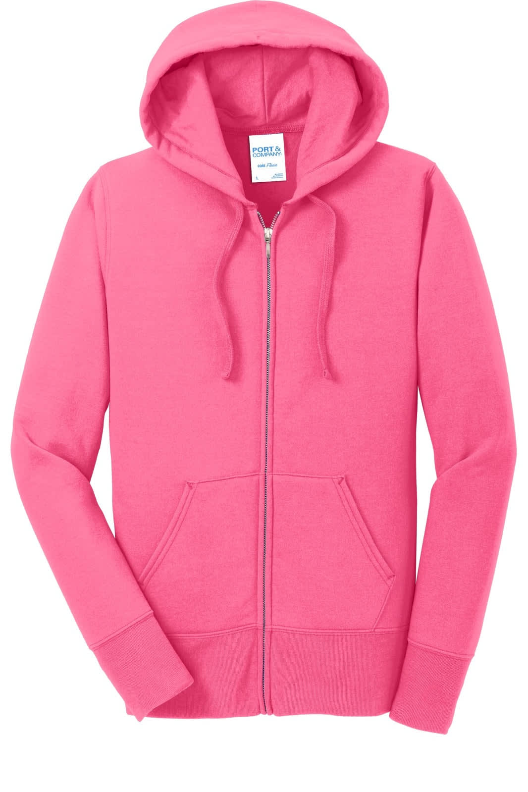A pink ladies' full-zip hooded sweatshirt with a front pocket and adjustable drawstrings. It features a logo.