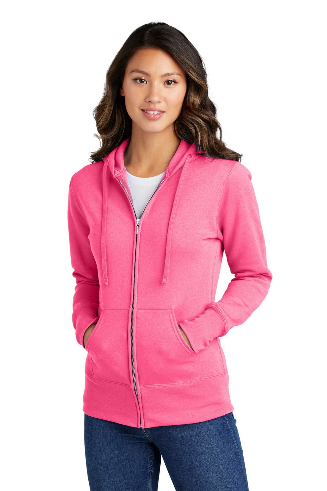 A pink hooded sweatshirt with a full zip, featuring a logo, worn by a model with long hair.