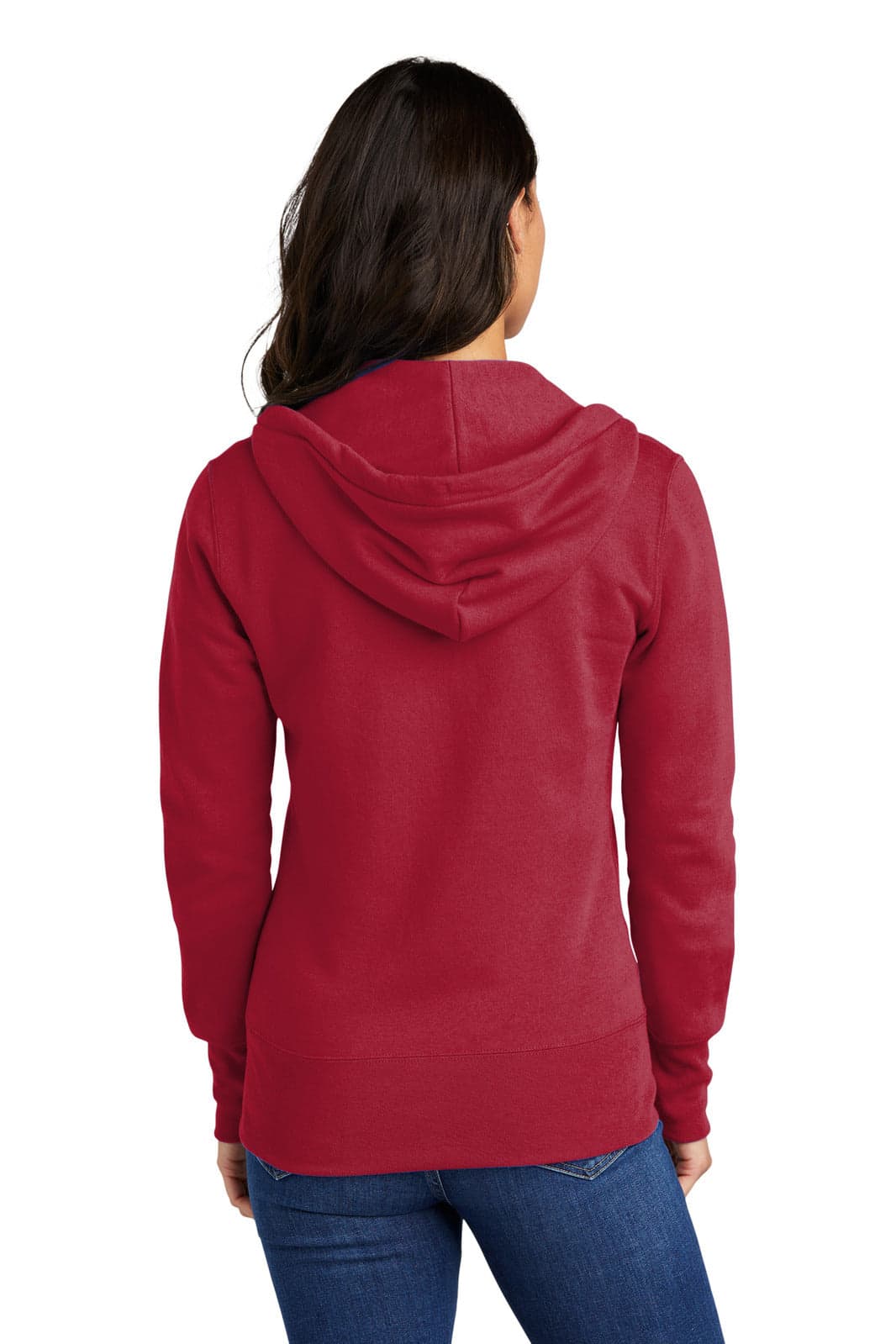 A red hooded sweatshirt with a full zip, featuring a fitted design and a hood. The model is shown from the back.