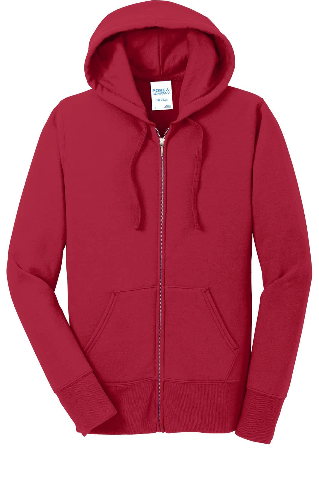 A red full-zip hooded sweatshirt with a front pocket and drawstrings, featuring a logo on the label.