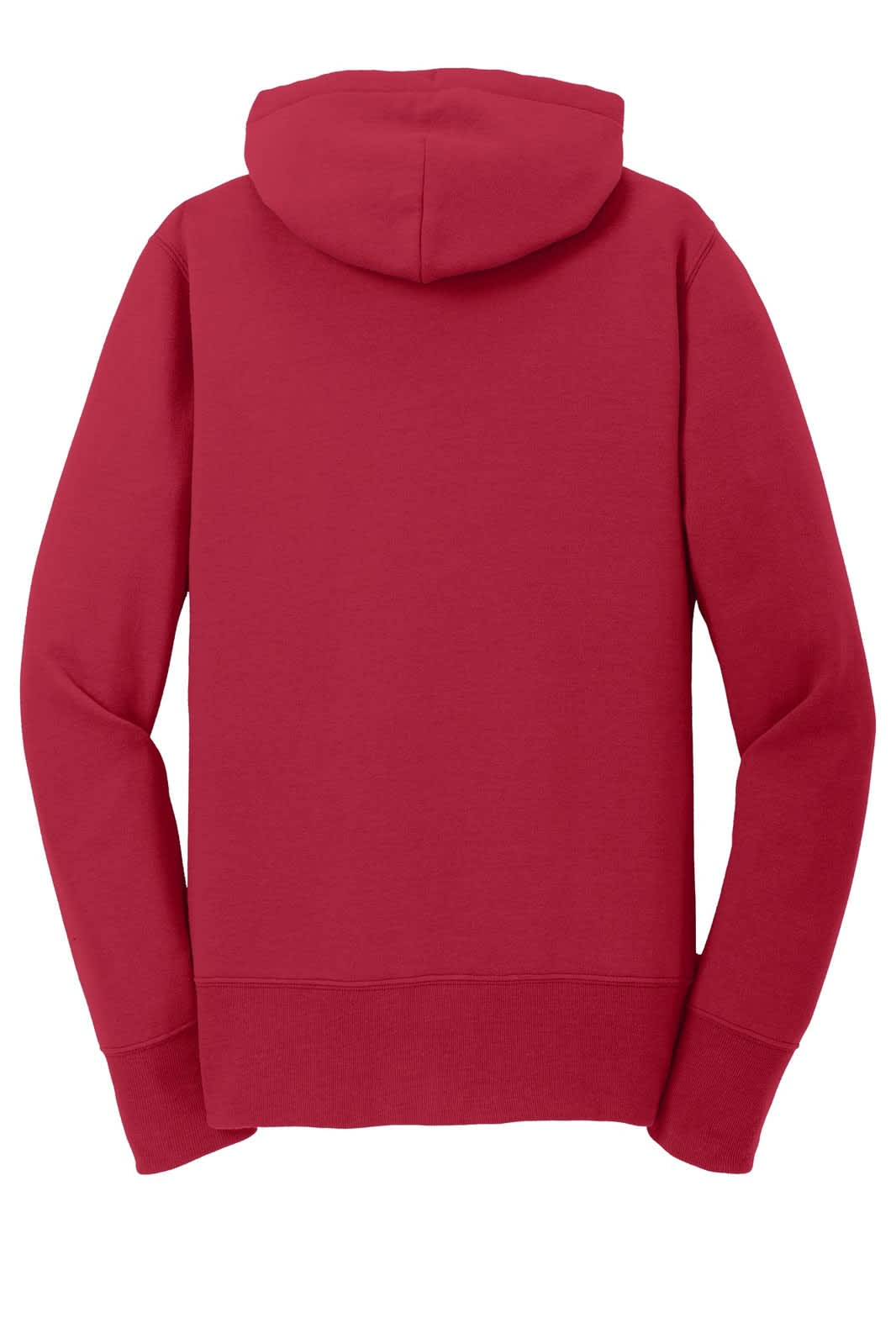 A red women's full-zip hooded sweatshirt with long sleeves and a hood. It features a branding logo.