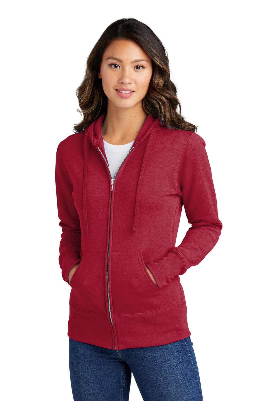 A red full-zip hooded sweatshirt with a front zipper, pockets, and a logo on the left side.