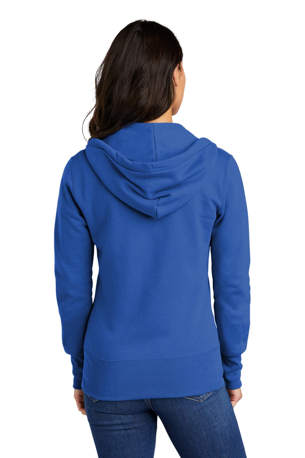 A blue ladies' full-zip hooded sweatshirt, featuring a hood and a branding logo, viewed from the back.