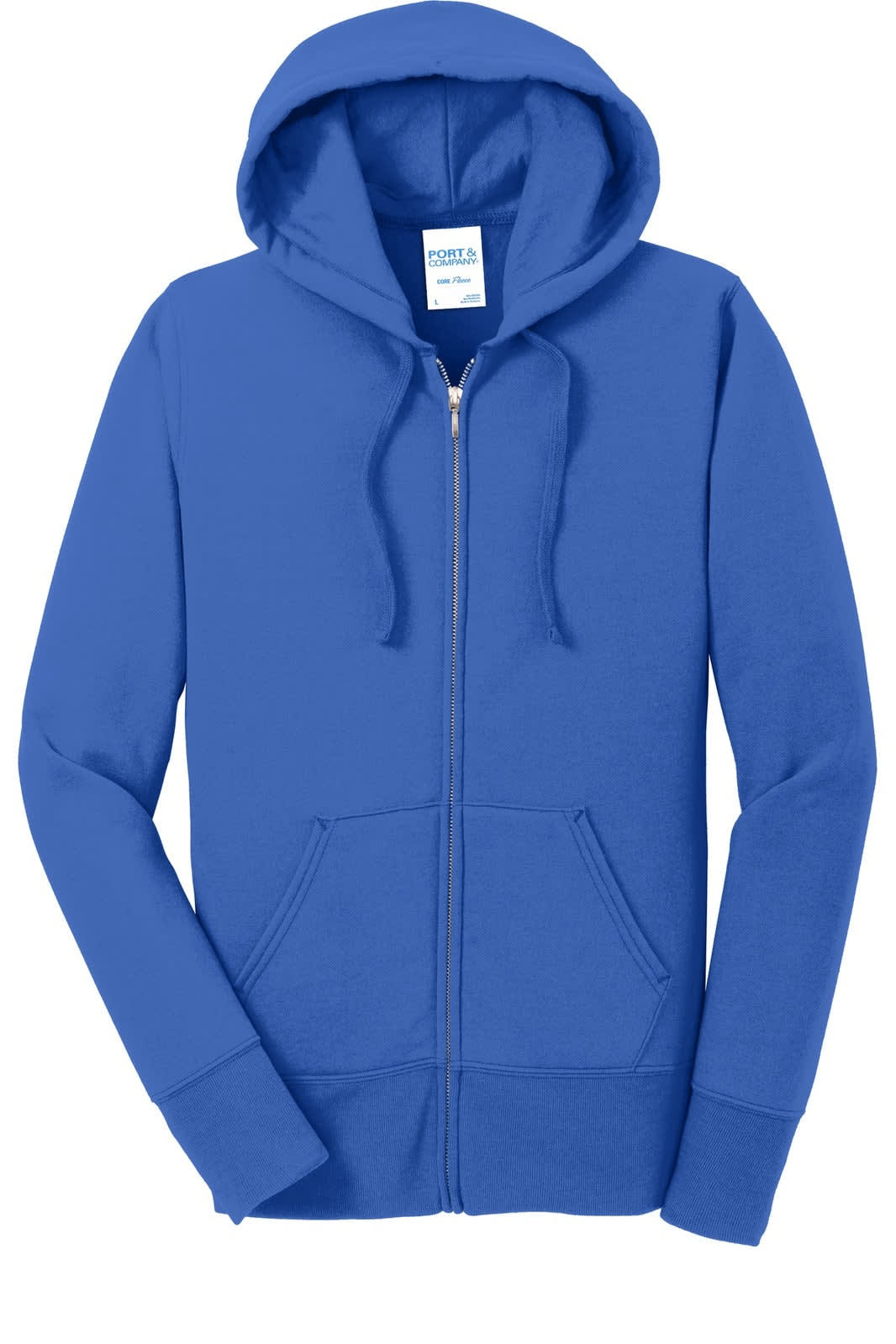 A blue ladies' full-zip hooded sweatshirt with a front pocket and a logo on the label.