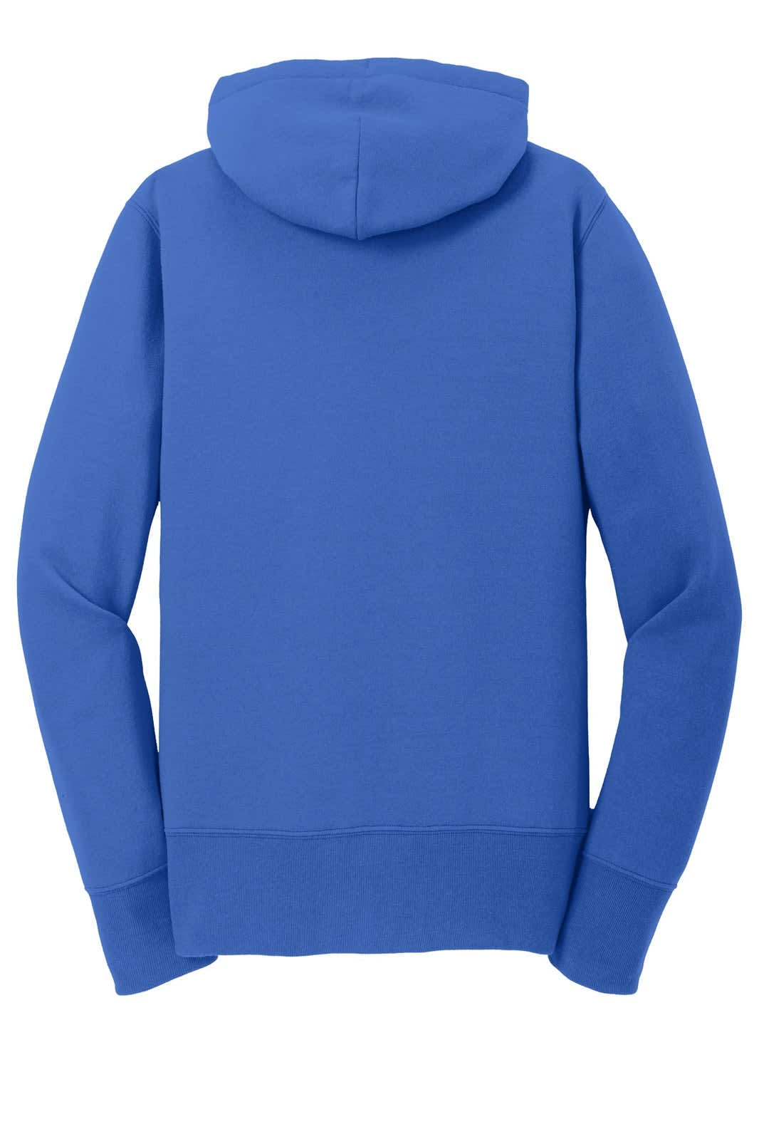 A blue hooded sweatshirt with a full zip and long sleeves, featuring a logo on the back.