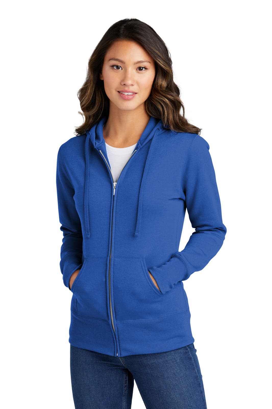 A blue full-zip hooded sweatshirt for ladies with a front zipper and pockets, featuring a logo.