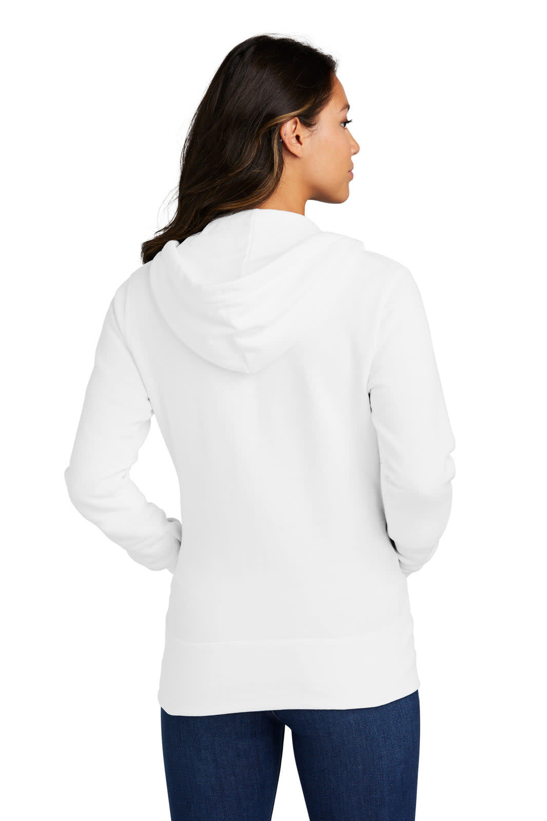 A white ladies' hooded sweatshirt with a full zip and a hood, seen from the back.