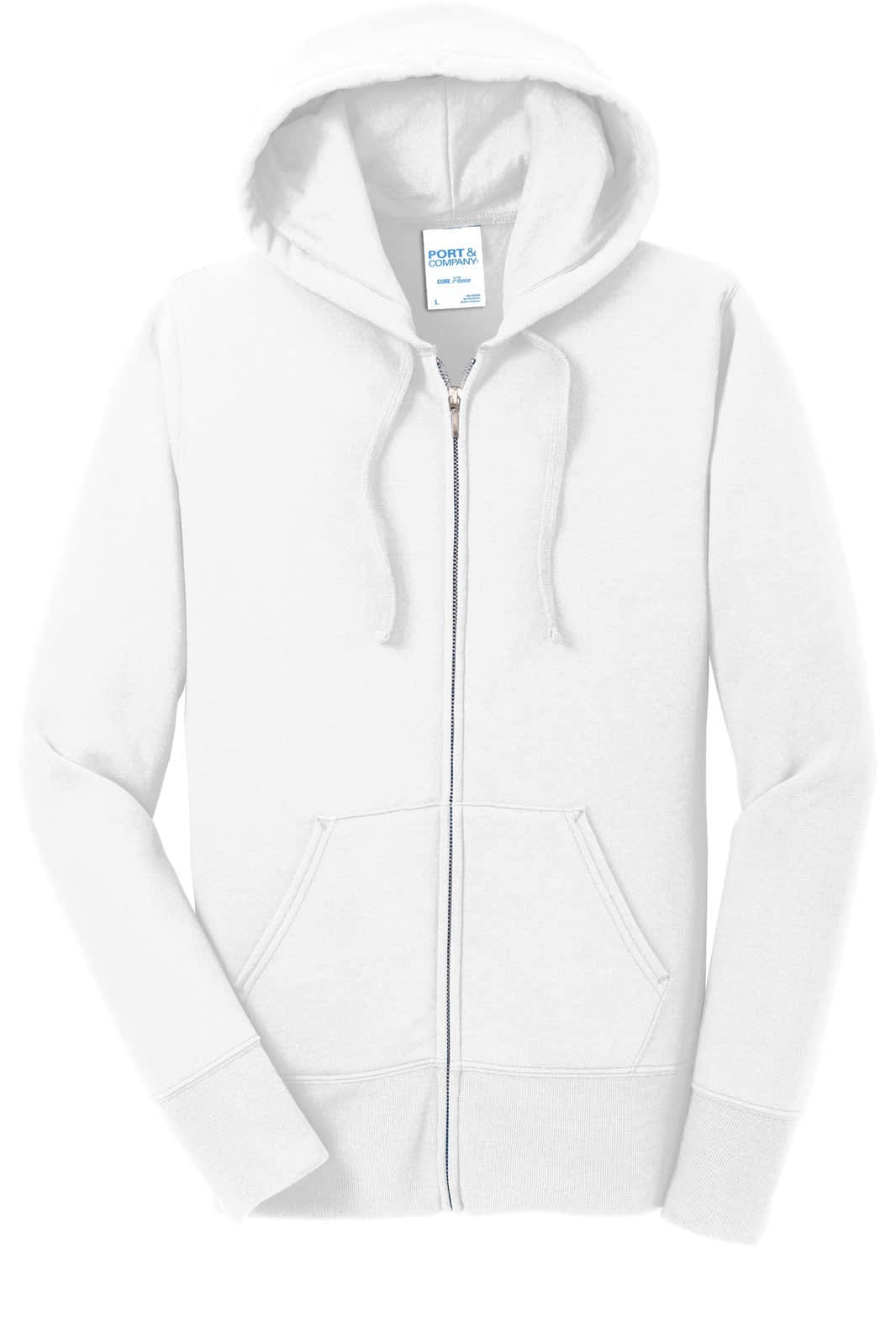 A white full-zip hooded sweatshirt with a front zipper and two side pockets. Features a logo on the label.