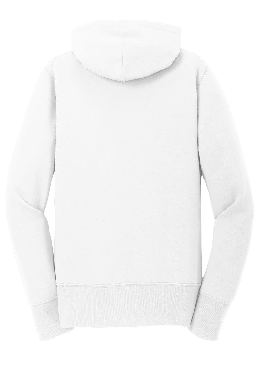 A white ladies' full-zip hooded sweatshirt featuring long sleeves and a hood, back view. Includes a logo.