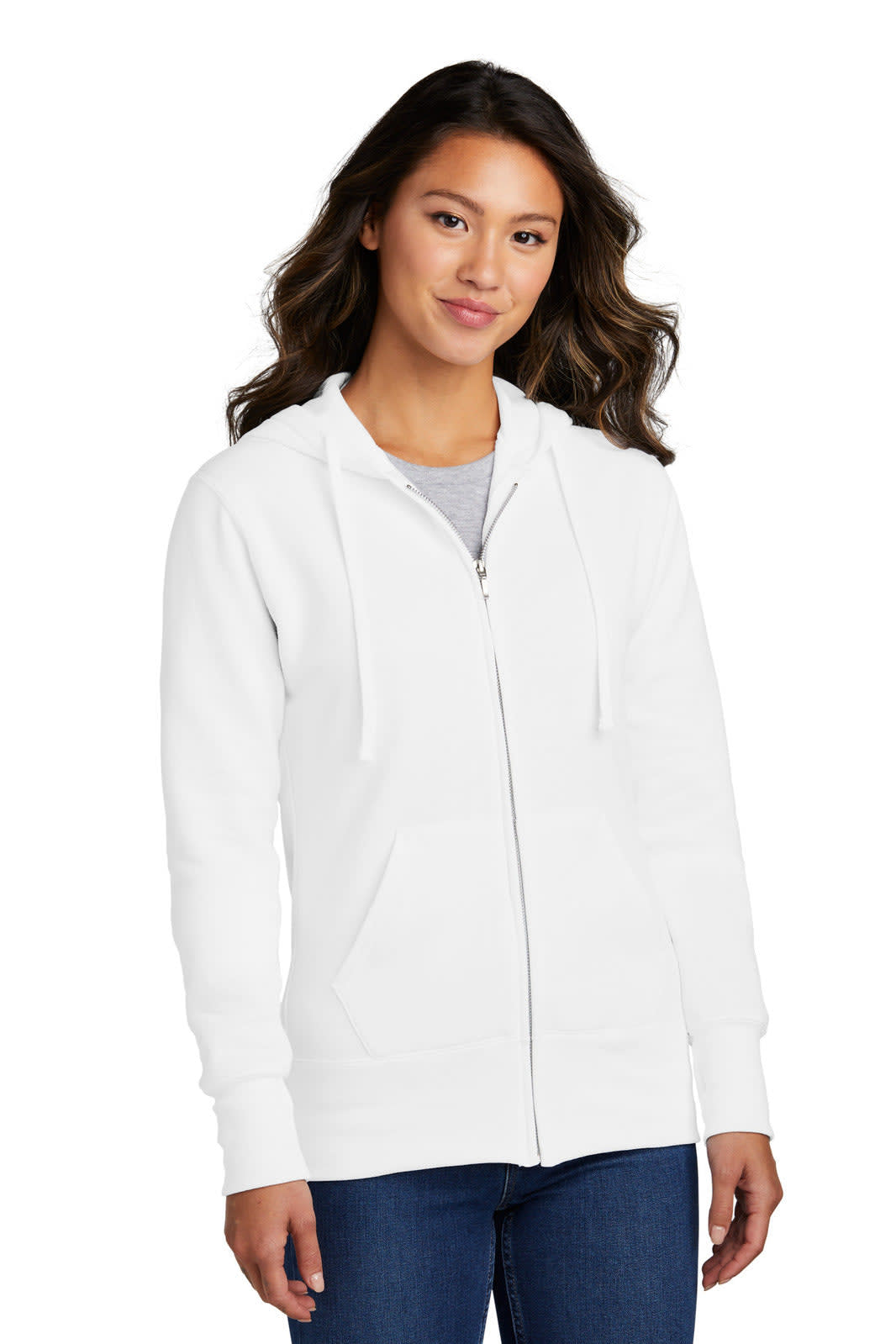 A white ladies' hooded sweatshirt with a full zip and pockets, featuring a logo on the front.