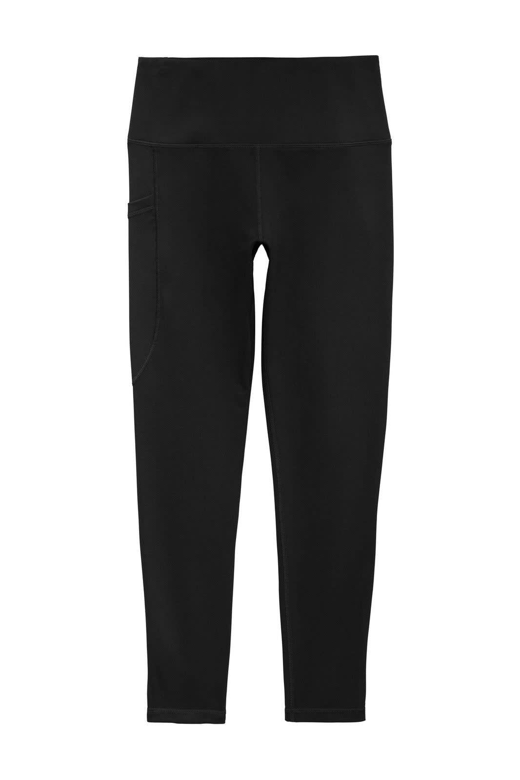 A pair of black high-rise 7/8 leggings with a pocket, featuring a logo on the waistband.
