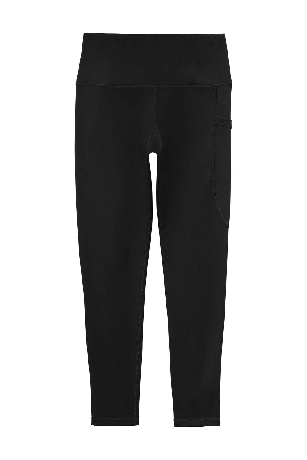 A pair of black high-rise 7/8 leggings featuring a waistband and a side pocket. The leggings have a branding logo.