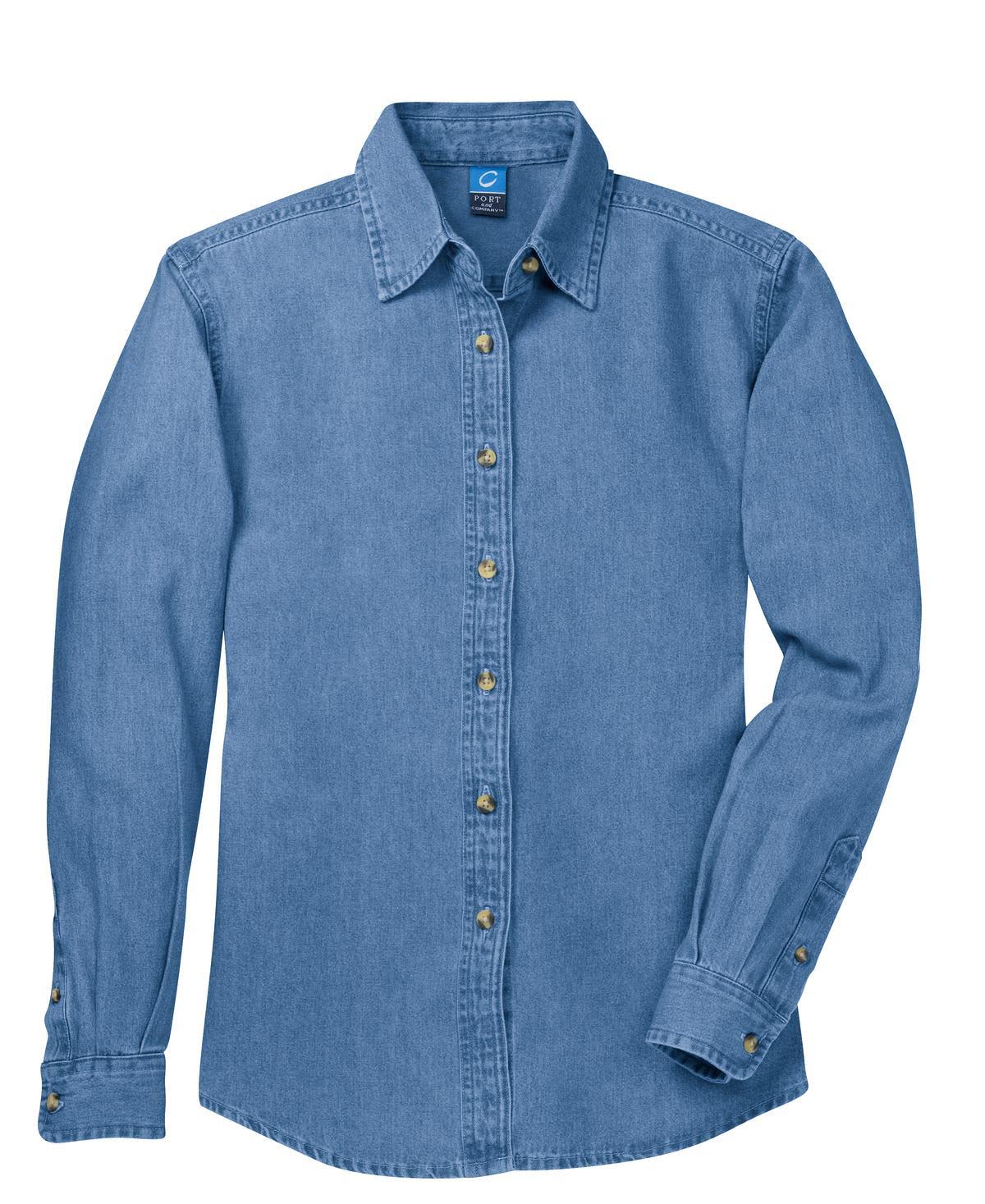 A light blue denim long sleeve button-up shirt with brass buttons and a collar. The shirt features a logo on the label.