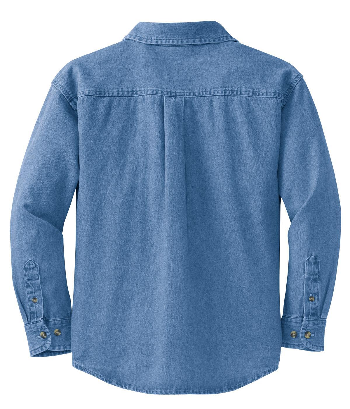 A blue long sleeve denim shirt with a button-up design, featuring a back yoke and cuffed sleeves.