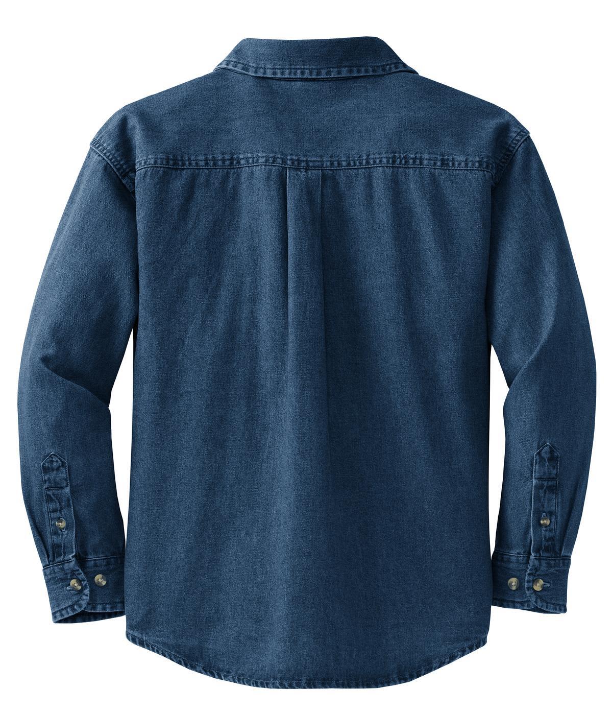 A blue ladies' long sleeve denim shirt with a button-up design and a back yoke detail. It features a brand logo.