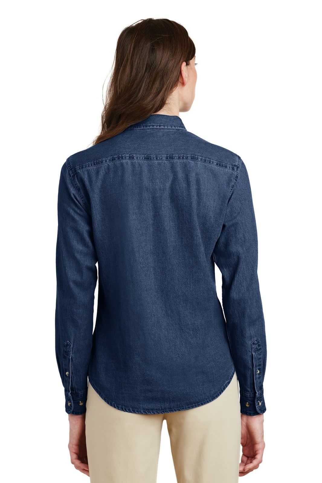 A navy long sleeve denim button-up shirt with a curved hem and button cuffs, featuring a brand logo on the back.