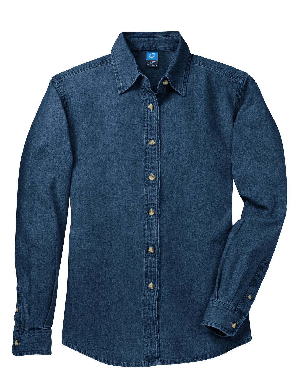 A long-sleeve denim shirt in a deep blue hue, featuring button-up closure and a logo on the collar.