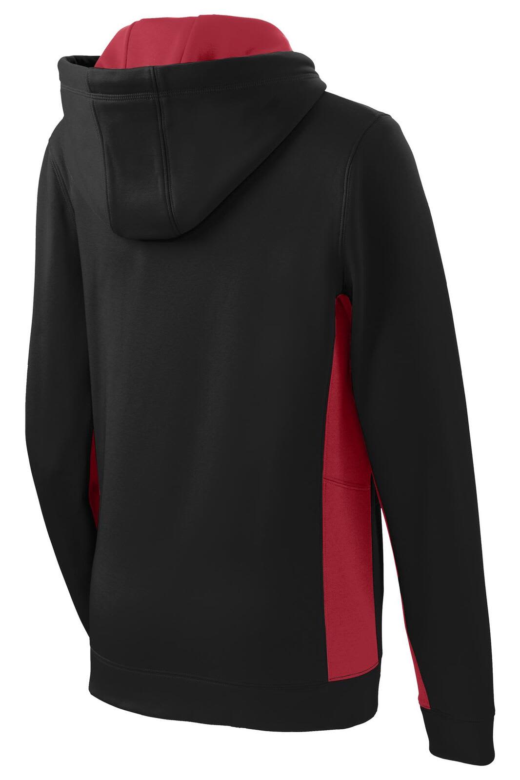A black and red Sport-Tek Ladies Sport-Wick Fleece Colorblock Hooded Pullover with a hood and a logo.