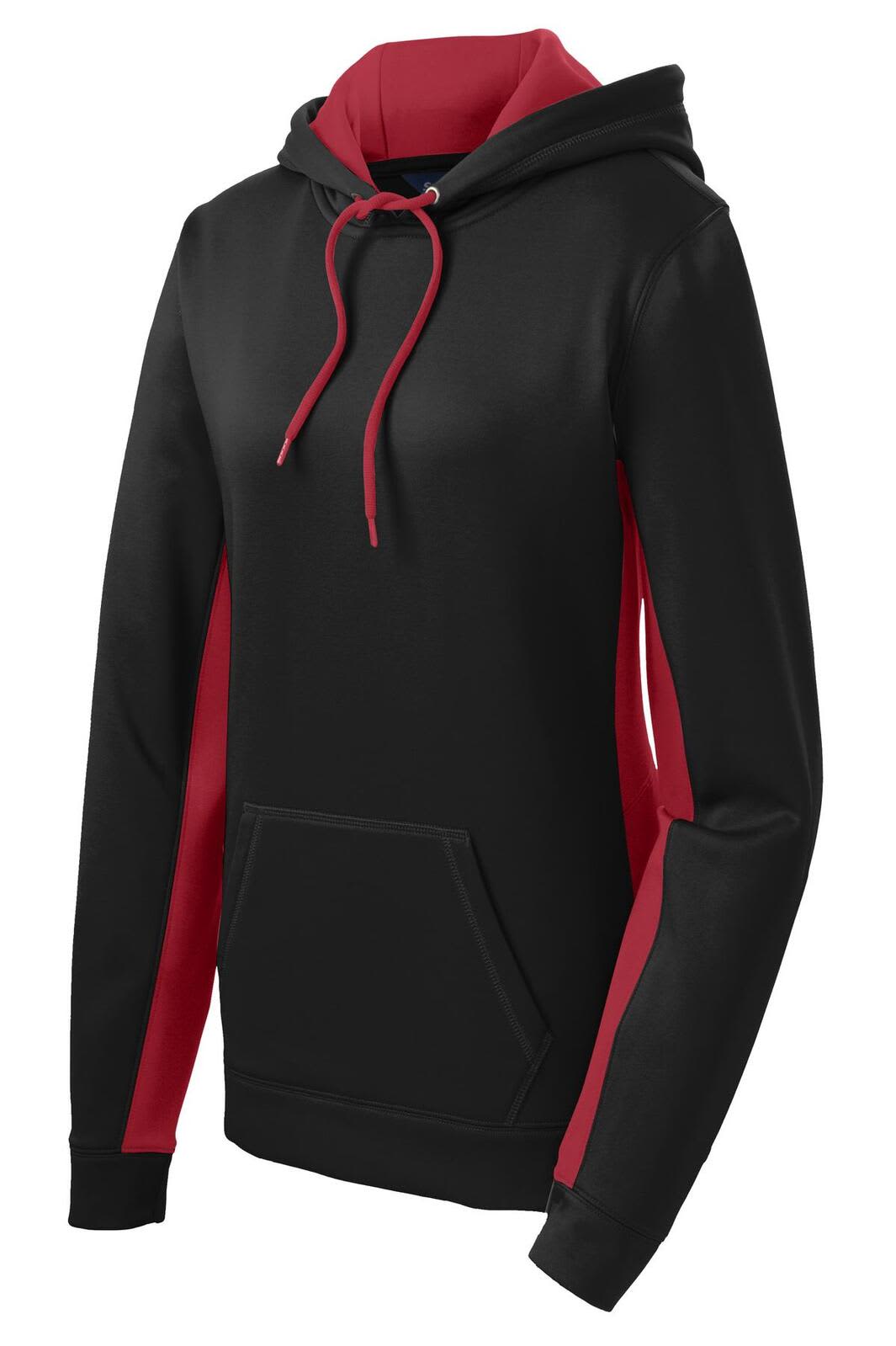 A hooded pullover in black with red accents and a front pocket. It has a logo on the design.