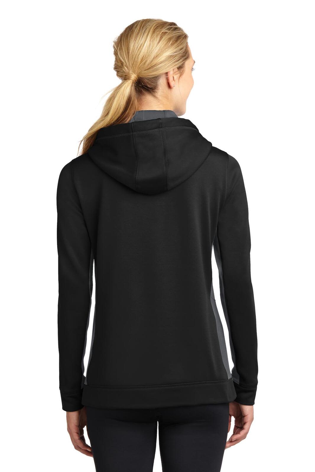 A black hooded pullover with a fitted design, featuring a hood and long sleeves. It has a simple brand logo.
