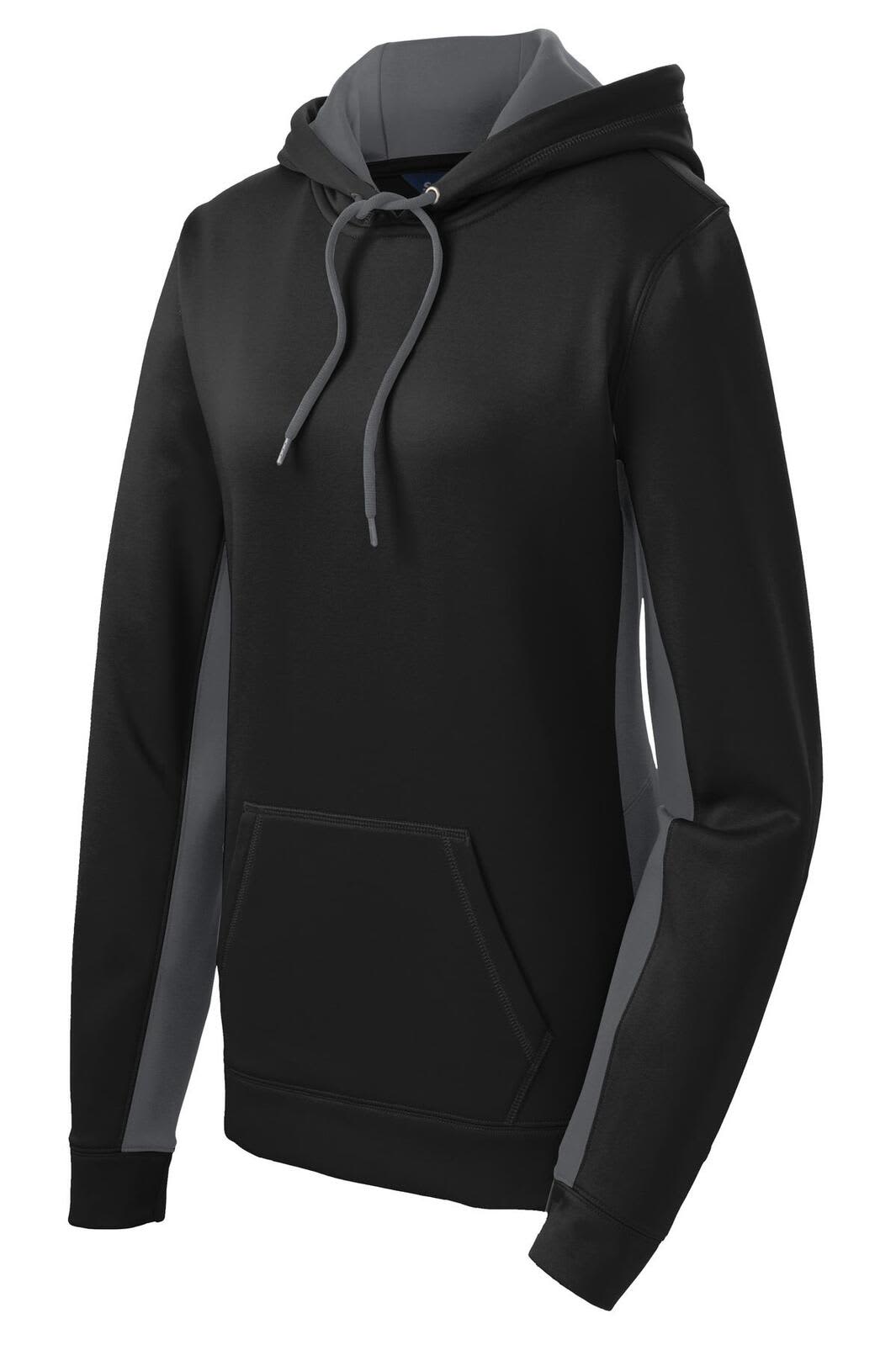 A black and grey Ladies Sport-Wick fleece hooded pullover with a front pocket and drawstring hood.