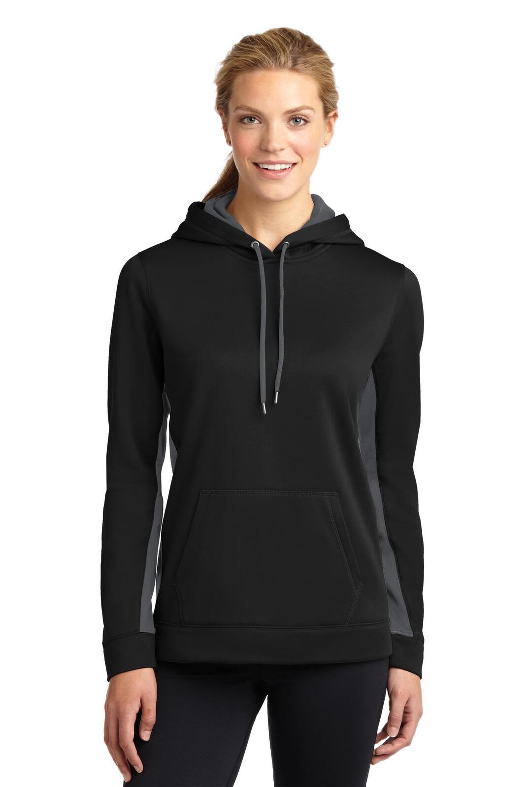 A black hooded pullover featuring grey colourblock accents and a front pocket. It has a logo on the front.