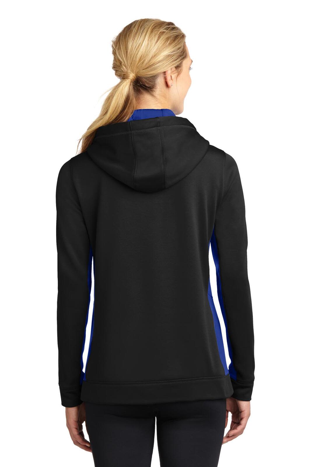 A black hooded pullover with blue side panels and a logo on the back. It features a comfortable fleece material.
