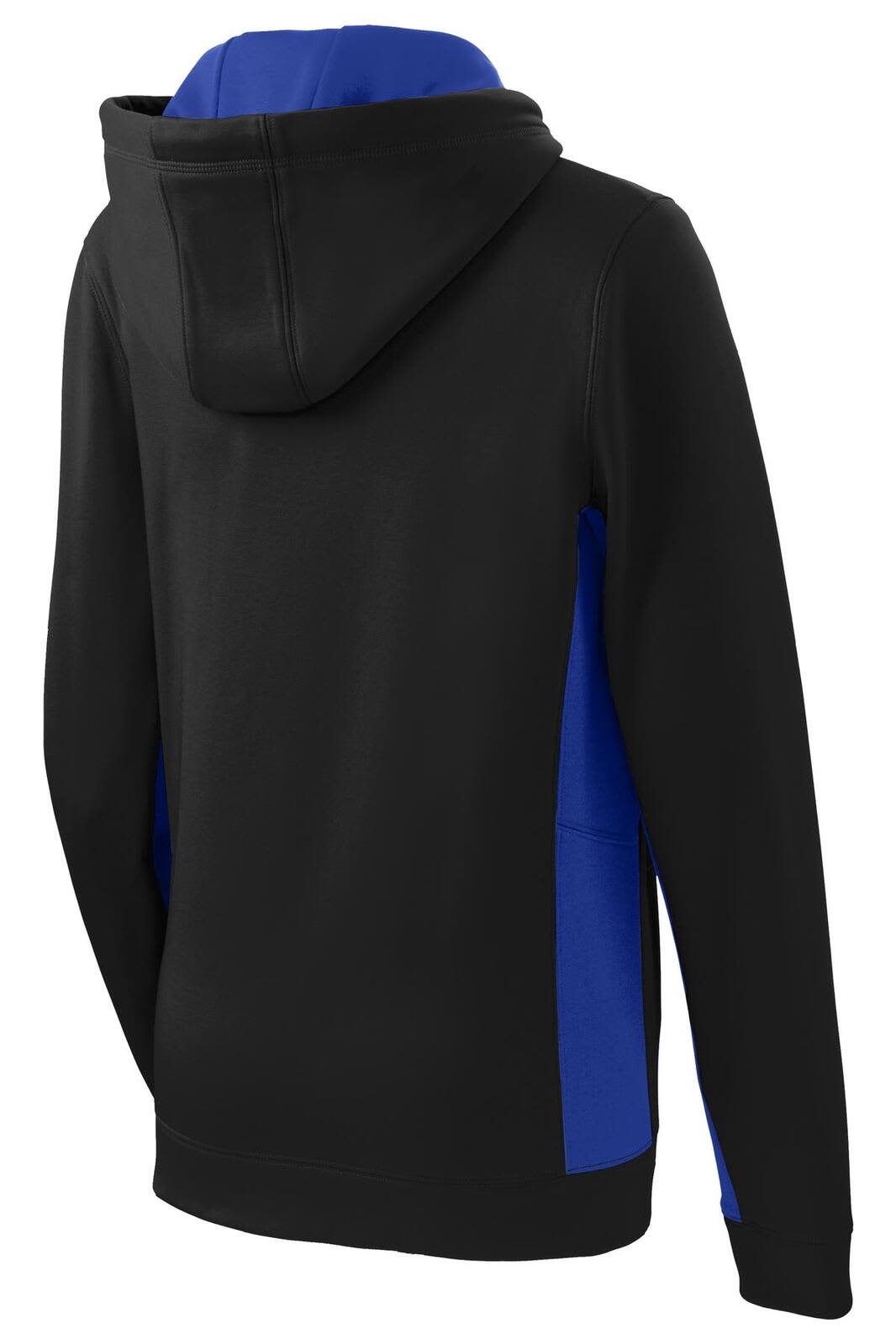 A hooded pullover featuring a black body and blue side panels, with a logo on the back.