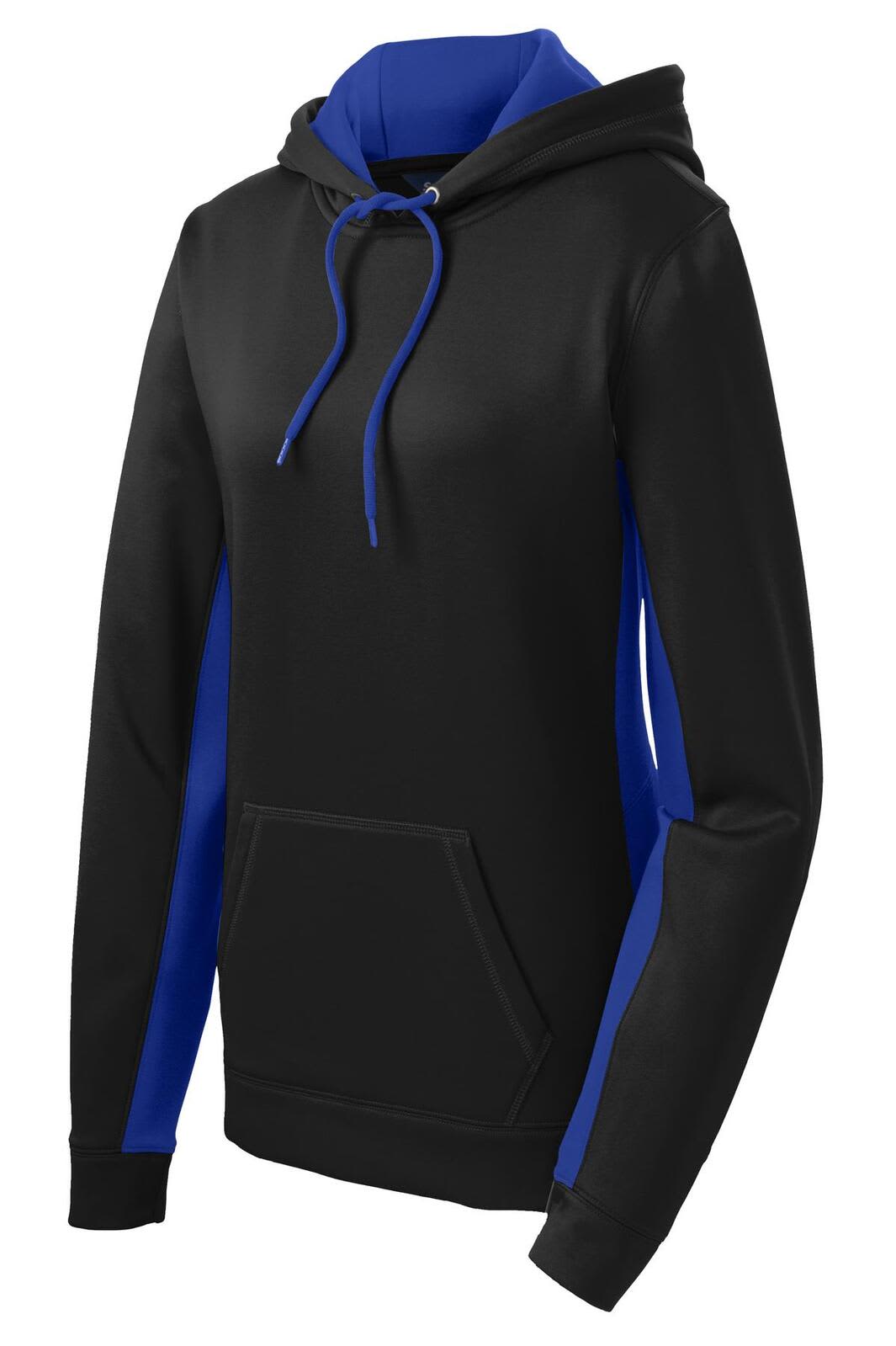 A hooded pullover in black with blue accents, featuring a front pocket and drawstring. Includes a logo.