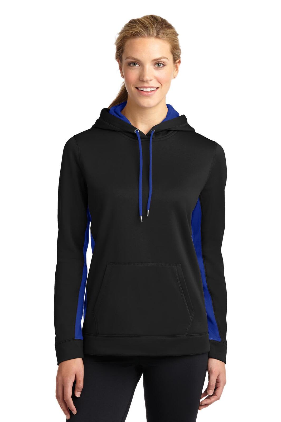 A black and blue hooded pullover made from Sport-Wick fleece, featuring a front pocket and drawstring hood.