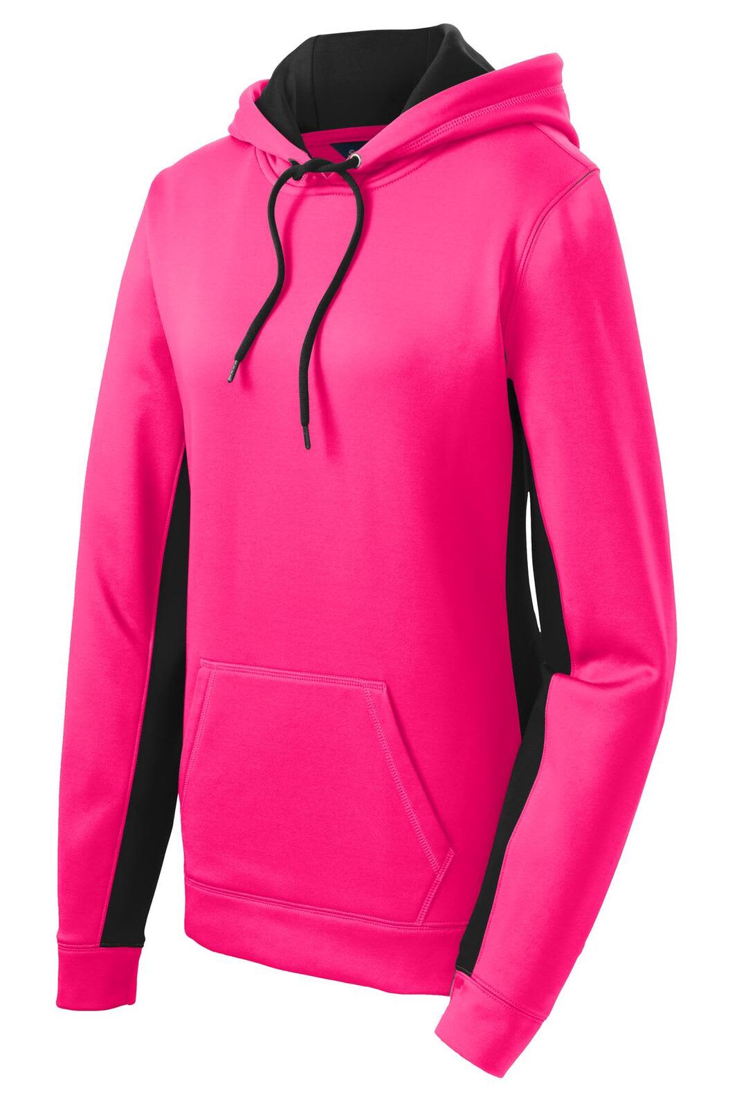 A bright pink hooded pullover with black side panels and a front pocket. It features a logo on the front.