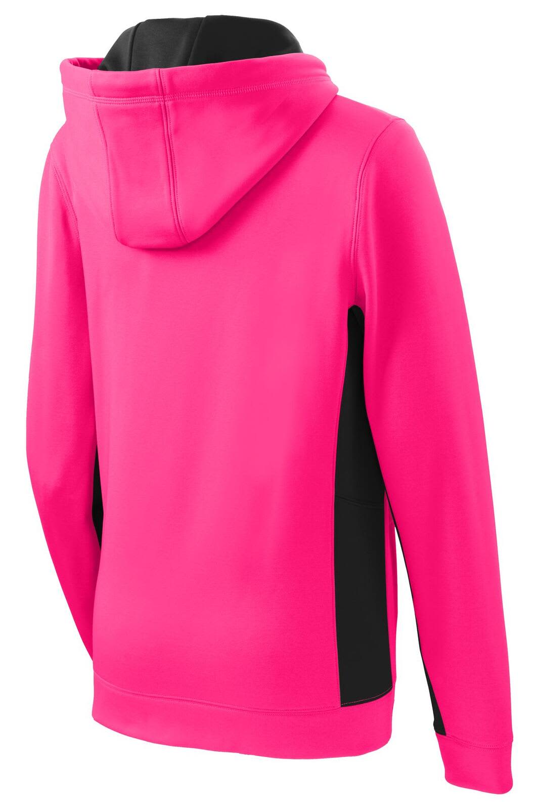 A pink hooded pullover with black side panels and a hood, featuring a logo on the back.