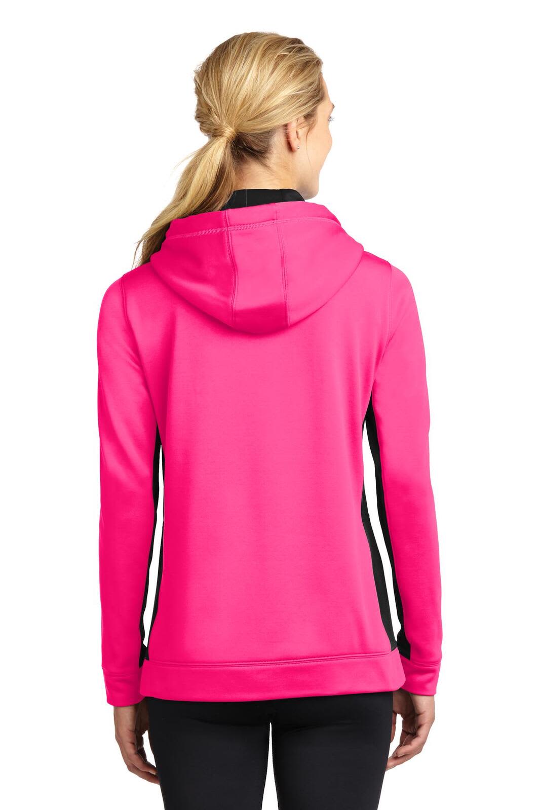 A hooded pullover in bright pink with black side accents and a logo on the back.