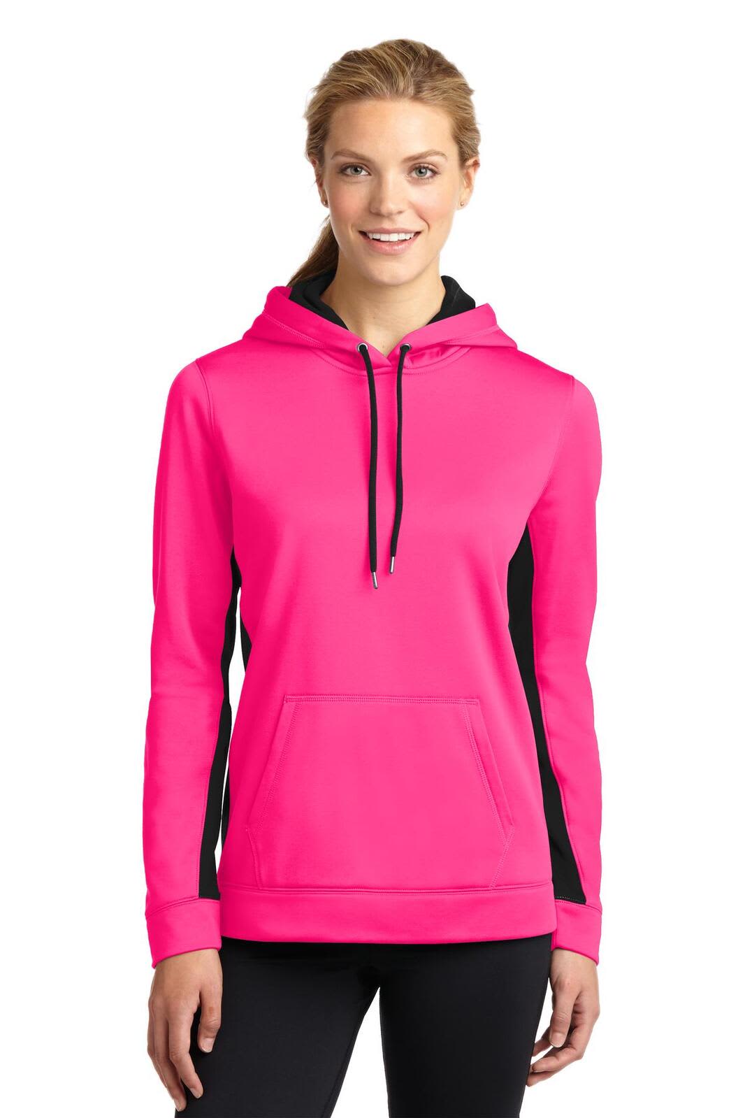 A bright pink hoodie with black side panels and a front pocket, featuring a drawstring hood.