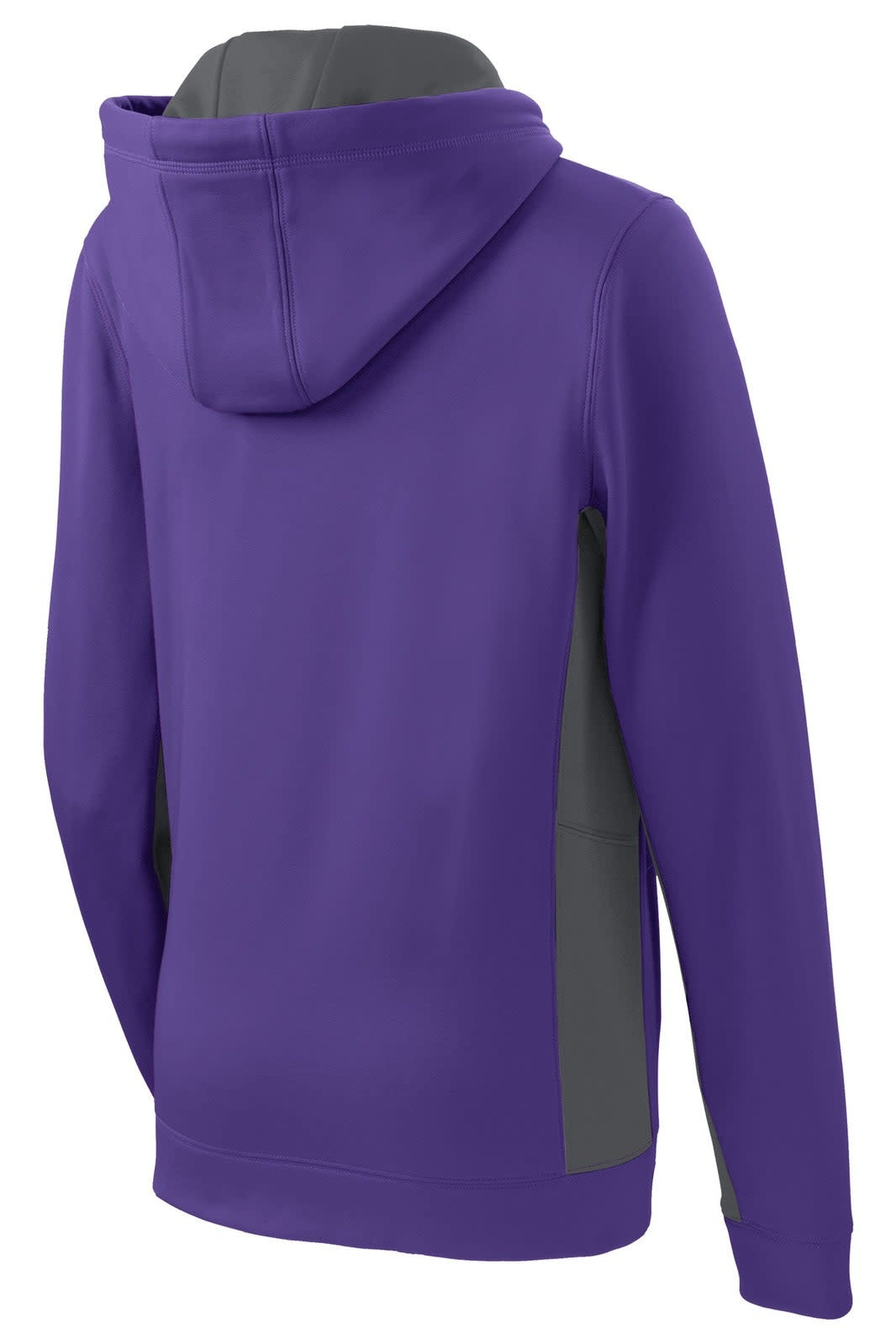 A purple hooded pullover with grey side panels and a logo on the back. Suitable for active wear.