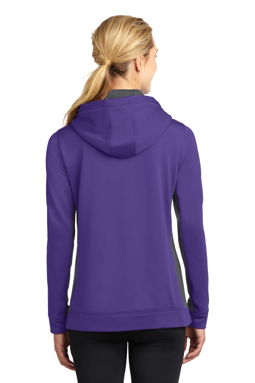 A purple hooded pullover featuring a colourblock design, with a fitted style and an attached hood.