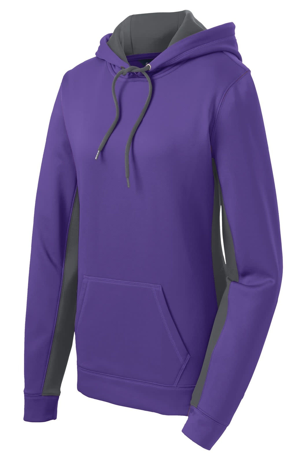 A purple and grey hooded pullover with a front pocket and contrasting colour block design. It features a logo.