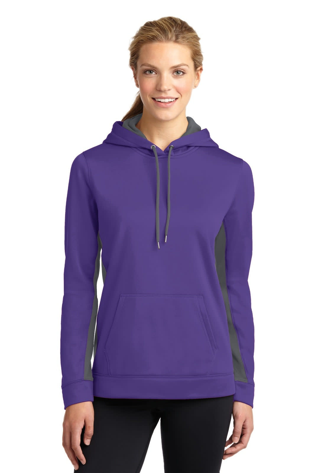 A purple and grey hooded pullover with a front pocket and a logo on the chest.