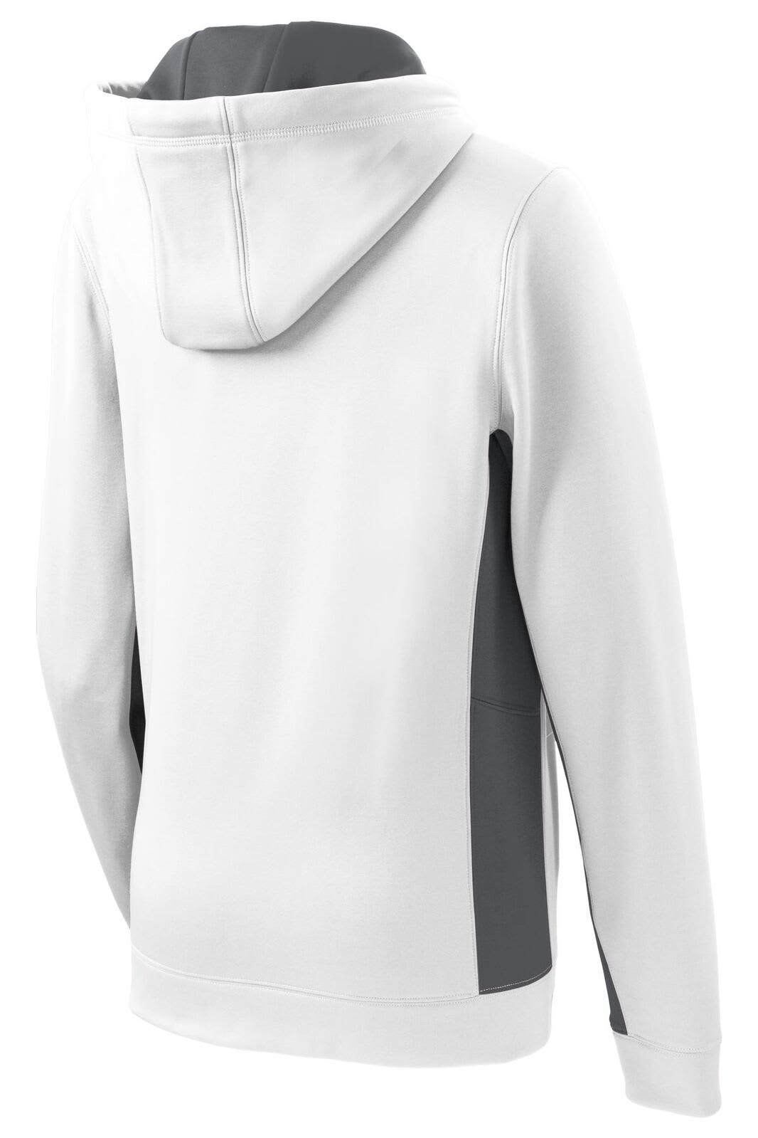 A white and grey hooded pullover with a colourblock design and a hood, featuring a logo on the front.