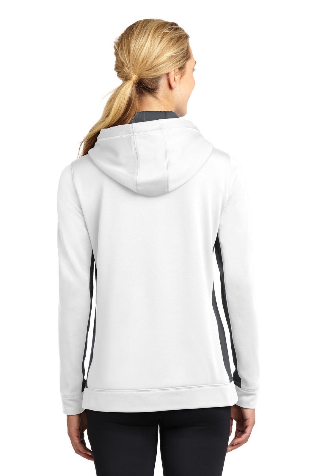 A white hooded pullover with black colourblock side accents and a hood, showcasing the back view.