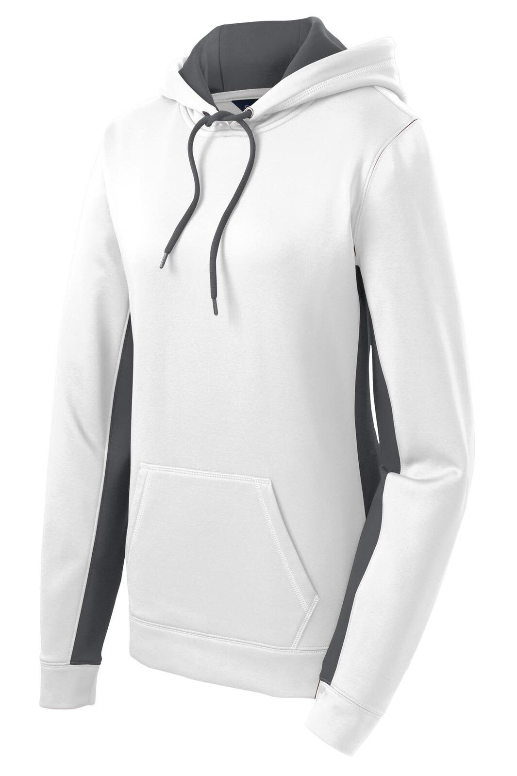 A white hooded pullover featuring grey side panels and a front pocket, ideal for casual wear.