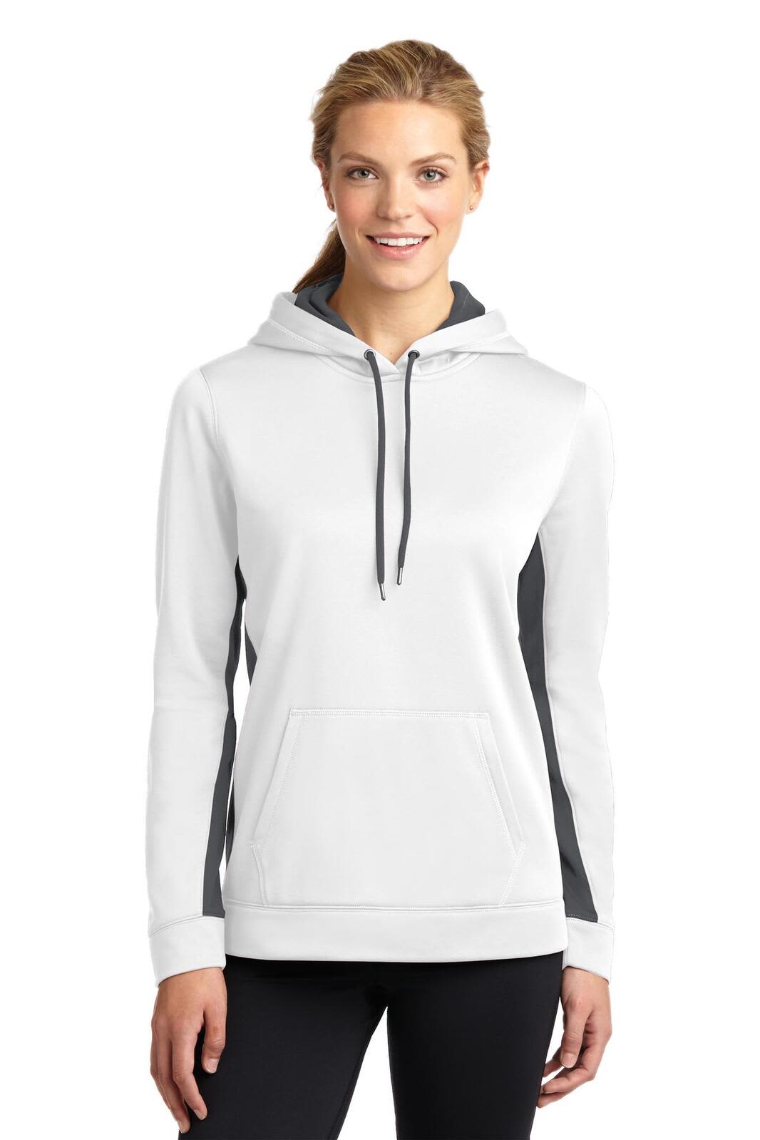 A white and grey hooded pullover with a front kangaroo pocket and a logo. Suitable for ladies' sportswear.