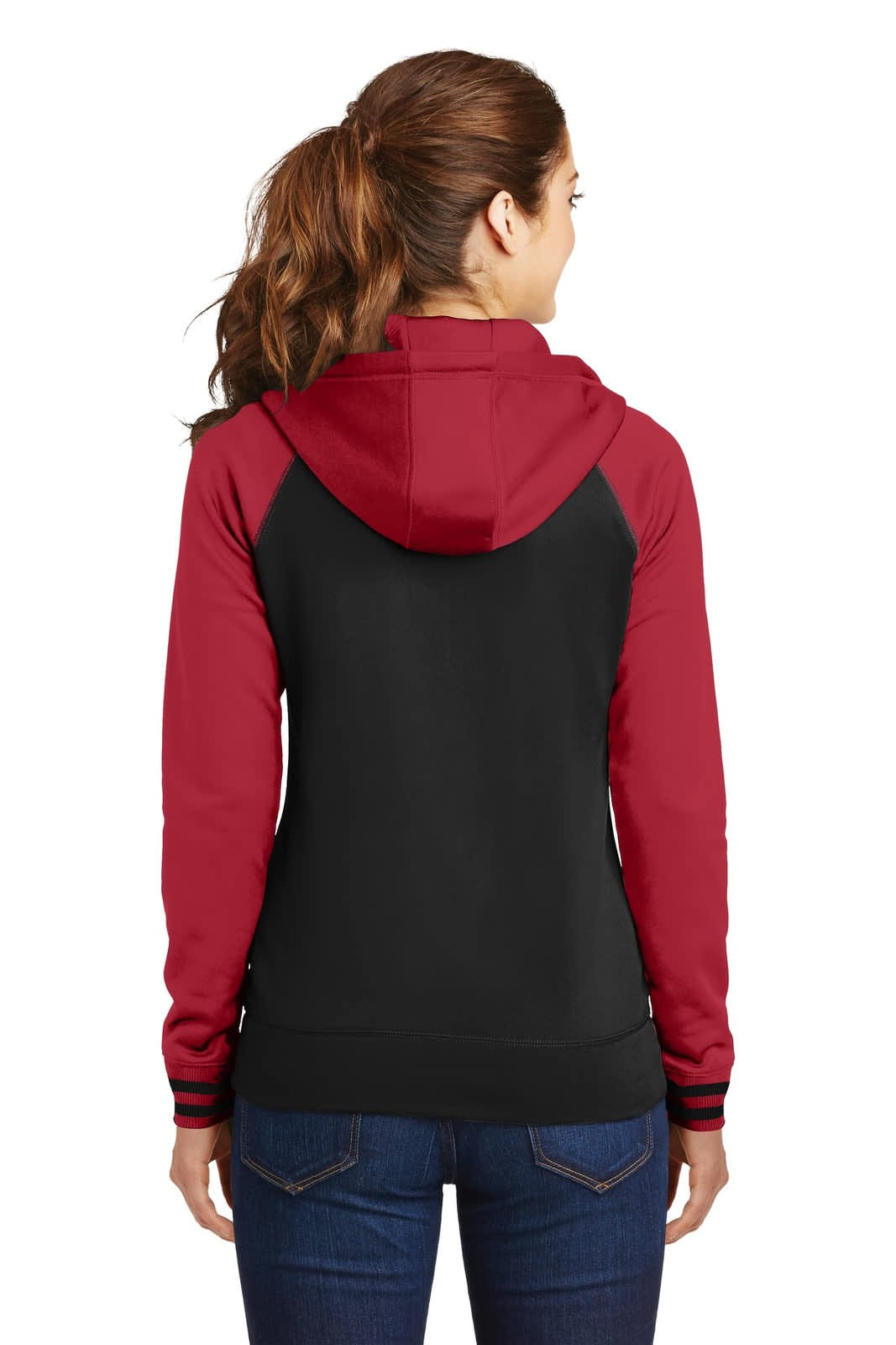 A ladies' full-zip hooded jacket in black and maroon, featuring a hood and a fitted design.