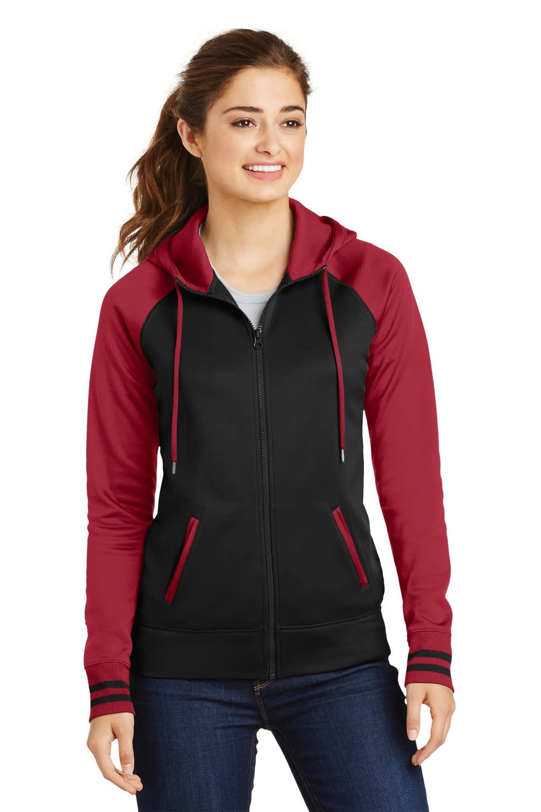 A black and maroon Sport-Tek Ladies Sport-Wick Varsity Fleece Full-Zip Hooded Jacket with a hood and dual-coloured sleeves.